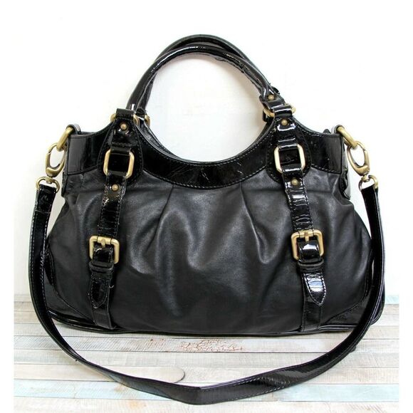 DEBORAH GALLO ITALY BLACK GENUINE LEATHER PATENT SATCHEL SHOULDER BAG HANDBAG - Picture 2 of 9